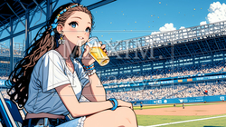 野球などの屋外スポーツを観戦しながら、ビールを楽しむ若い女性。 | 4336636-9549