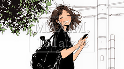 嬉しそうな表情でスマホを使っている女性（シンプルな色使い） | 4361346-11460