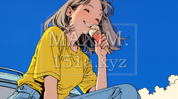 夏空の下でソフトクリーム（コーンに乗ったアイスクリーム）をたべる若い女性