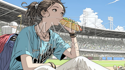 野球などの屋外スポーツを観戦しながら、ホットドッグを頬張る若い女性。 | 436650-9569