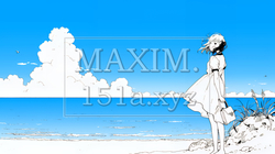 一人旅の若い女性と夏のビーチの風景（シンプルな色使い）
