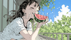 スイカを縁側で食べている若い女性 | 437245-9904
