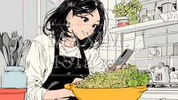食事の最中もスマホを手放せない若い女性 | 4378698-12544