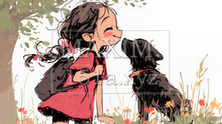 愛犬と散歩をしている女の子（クレヨン＋水彩画風）｜4025161-4005