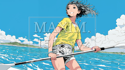 海でSUP（サップ）を楽しむ若い女性（ライフジャケットとリーシュコードの装着は必須だよ）｜爽やかなマリンスポーツ・夏のレジャーイラスト