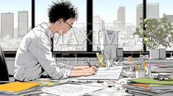 オフィスのデスクで、入念に書類をチェックする男性 | 4398289-16674