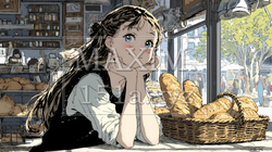 近所のパン屋で焼きたてパンを買う若い女性 | 4402710-16199