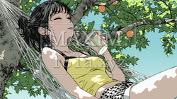 のんびり・ゆったり：夏の昼下がり木陰のハンモックで寛いでいる若い女性｜4442632-10405