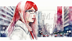 自分探しの旅に出ている若い女性：水彩画