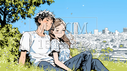 新緑の芝生が広がる都会の公園でくつろぐ若い男女｜4442632-10405