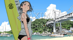 沖縄の海岸でビキニ姿でサーフボードを持った若い女性
