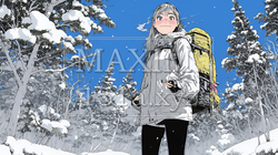 雪の積もる田舎道を歩いている若い女性 | 4443863-13115