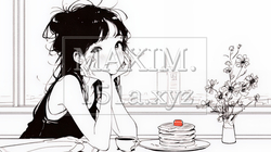 早朝のダイナー（喫茶店）でパンケーキ（モーニングセット）を食べる若い女性（シンプルな色使い）｜4375646-15628