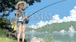 岸から魚釣りを楽しむ若い女性｜渓流・自然・アウトドア・ライフスタイル | 449338-17540