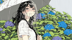 アジサイと梅雨の長雨と若い女性｜4558326-16260