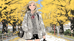 紅葉の小径を歩く若い女性
