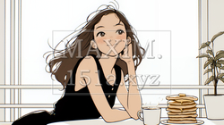 早朝のダイナー（喫茶店）でパンケーキ（モーニングセット）を食べる若い女性（シンプルな色使い）｜298734-15604