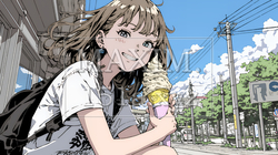夏空の下でソフトクリーム（コーンに乗ったアイスクリーム）をたべる若い女性｜4520289-9954
