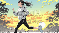 夕方の街並みを背景にジョギングをする若い女性 | 451059-16439