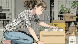引っ越しの荷造り・荷解きをしている若い女性 | 4512000-14931