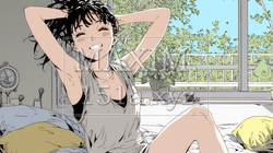 朝の目覚ましを止めて伸びをしている若い女性 | 4512718-15503