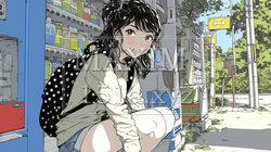 家出少女：飲料の自動販売機の前にしゃがんでいる少女