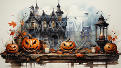ハロウィンをイメージした古い屋敷の水彩画 | 4518407-18543