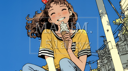 夏空の下でソフトクリーム（コーンに乗ったアイスクリーム）をたべる若い女性｜4614887-11371