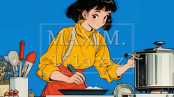 なれない料理に奮闘中の若い女性
