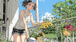 プランターの花に水やりをする若い女性｜ベランダガーデニングと自然を楽しむ爽やかな暮らしシーン | 453527-17736