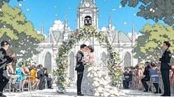 晴天の日のウェディングベルの鳴り響く中の結婚式 | 455549-7233