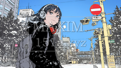 雪の積もる冬の都会を散策している若い女性