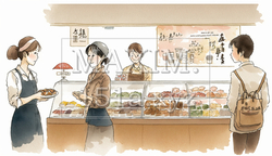 デパ地下のパンと惣菜の売場での客と店員のやりとり