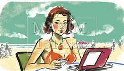 海辺のリゾートに来ているのに仕事のデジタルデバイスを手放せない女性 | 4569818-4182