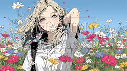 コスモス畑にいる若い女性 | 4574106-10479