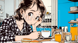 早朝のダイナー（喫茶店）でパンケーキ（モーニングセット）を食べる若い女性｜450415-15643