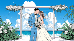 海辺で結婚式を挙げている若い男女