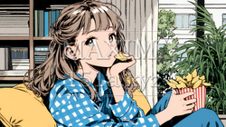 ポテトチップスをつまみながら、ひとりでビデオを観る若い女性 | 4593487-15877