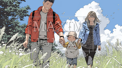 仲の良い家族：父親、母親、その子どもが仲良く連れ立って歩いている | 462869-12641