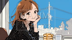 早朝のダイナー（喫茶店）でパンケーキ（モーニングセット）を食べる若い女性｜4462175-15632