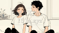 幸せそうなカップル：リビングルームて談笑（シンプルな色使い）｜4647390-6869