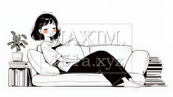 ソファでクッションを抱えてくつろぐ若い女性（シンプルな色使い） | 4651057-16786