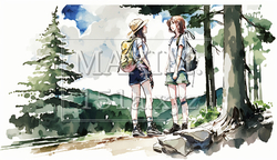 山にハイキングに来ている仲の良い若い女友達：水彩画