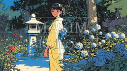 あじさいの小径を和服で歩く若い女性｜4672116-16228