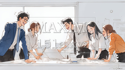 オフィスで立ったまま簡単な打合せをしているビジネスパーソン