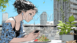 食事の最中もスマホを手放せない若い女性 | 4685779-12540