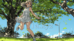 喜びにあふれ、軽やかにスキップする若い女性 | 4687001-17003