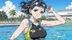 プールサイドに立つスクール水着姿の若い女性