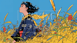 紅葉に包まれた中、着物を纏った若い女性が佇んでいる