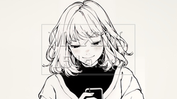 楽しそうにスマホ画面を眺めている若い女性（シンプルな色使い） | 470298-14960